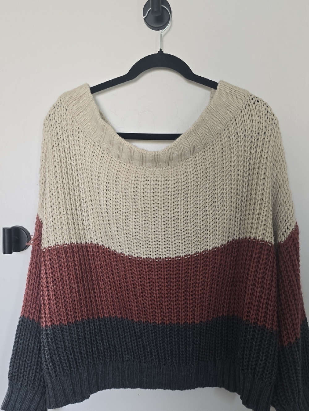 Aakaa Cream, Rust & Charcoal Colorblock Crewneck Sweater
